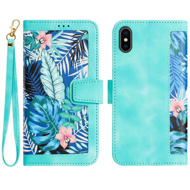 Funda de Cuero para iPhone Xs/X con Estampado Floral y CordĂłn (Verde)