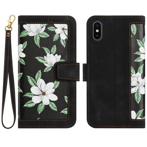 Funda de Cuero Estampado Floral con Cordón para iPhone Xs/X (Negro)