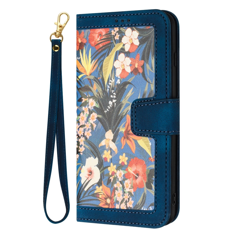 Funda de Cuero con Estampado Floral para iPhone Xr con CordĂłn (Azul Oscuro)