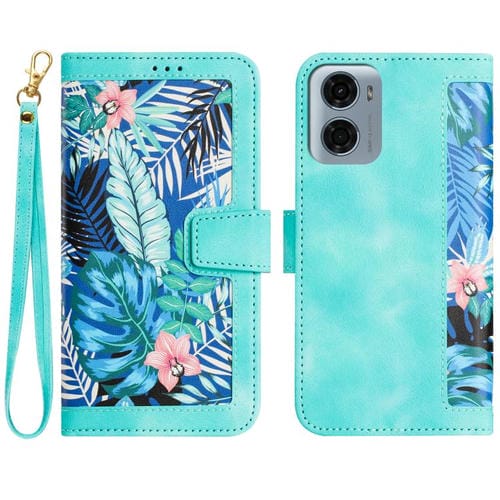 Funda de Cuero Motorola Moto G05 Estampado Floral con CordĂłn (Verde)