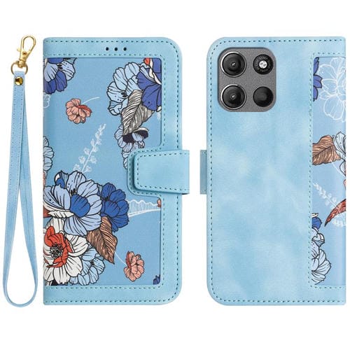 Funda de Cuero con Estampado Floral y CordĂłn para Motorola Moto G Play (2025) (Azul Claro)