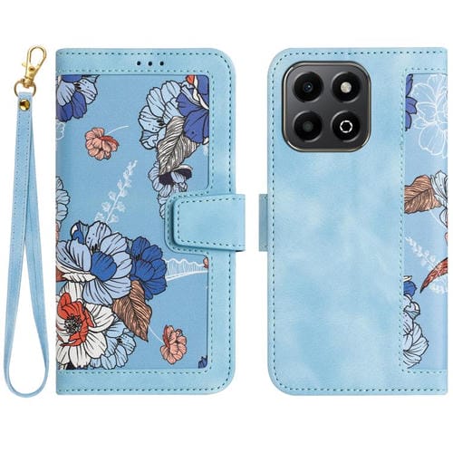 Funda de Cuero Honor 200 con Estampado Floral y CordĂłn (Azul Claro)
