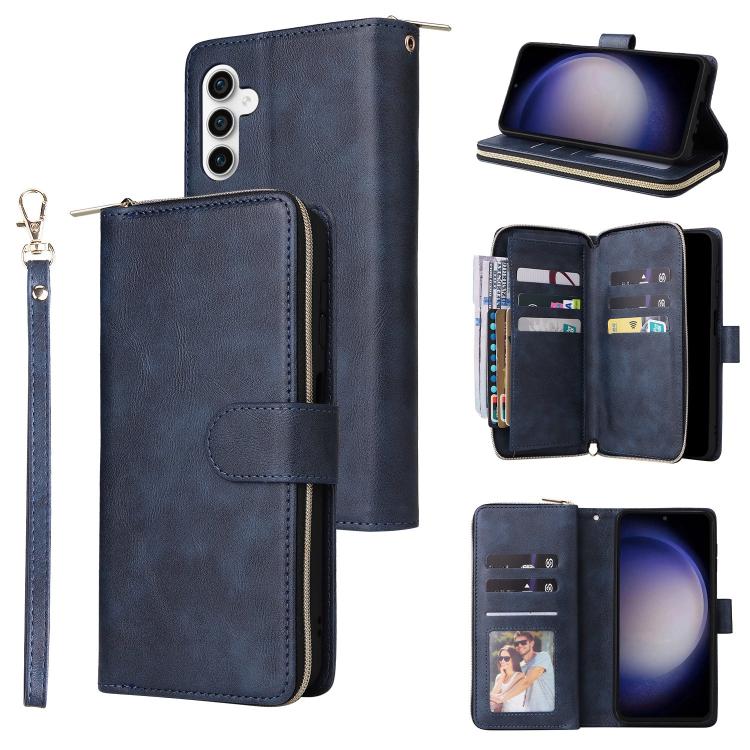 Funda de cuero con cremallera para Samsung Galaxy S25 FE 5G, 9 ranuras para tarjetas, color azul