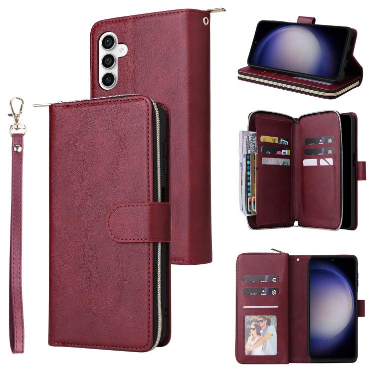 Funda de cuero con cremallera para Samsung Galaxy S25 FE 5G, 9 ranuras para tarjetas (rojo vino)