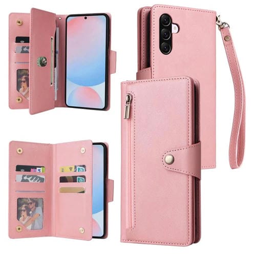 Funda de Cuero Samsung Galaxy A56 5G Tres Pliegues Hebilla Remache (Oro Rosa)