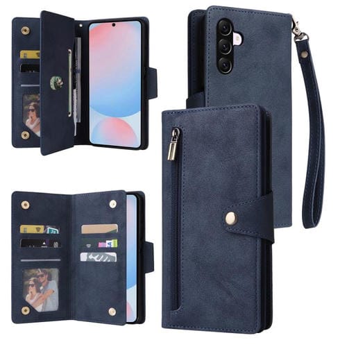 Funda de Cuero Samsung Galaxy A56 5G con Tres Pliegues y Hebilla de Remache (Azul)
