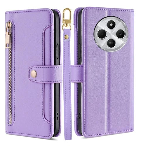 Funda de Cuero Tipo Cartera con Cremallera y Textura de Oveja para Redmi 14C 4G (Morado)