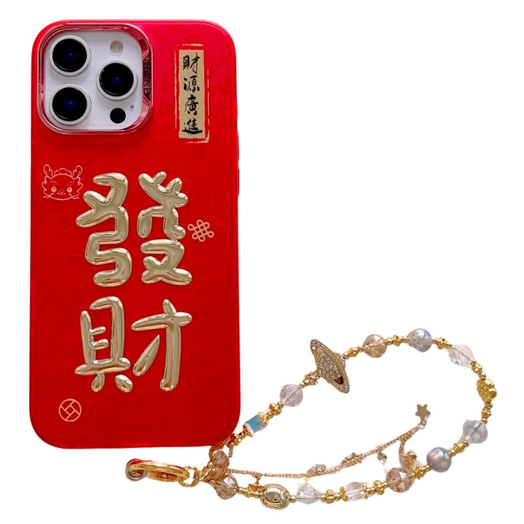 Estuche para Teléfono iPhone 16 Pro Max Estampado Dorado 3D Imd con Cadena de Cristal (Fortune)