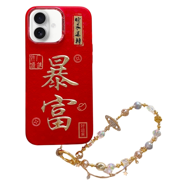 Estuche para Teléfono iPhone 16 Estampado Dorado 3D Imd con Cadena de Cristal (Adinerado)