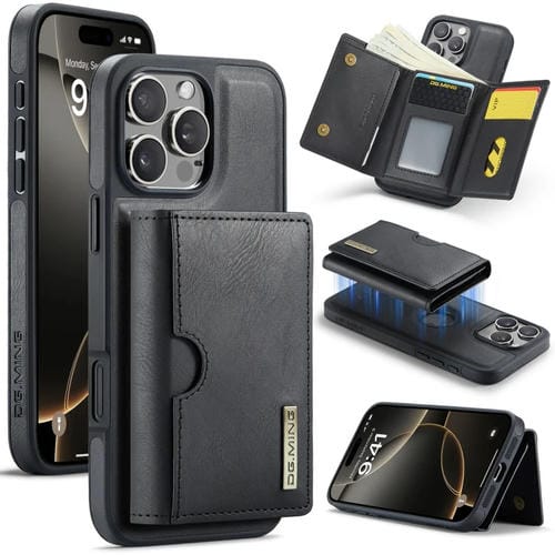 Funda de Cuero Extraíble para iPhone 16 Pro Max Dg.Ming M6 Series Rfid con Tres Pliegues para Tarjetas (Negro)