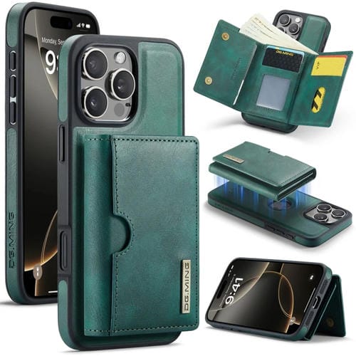 Funda de Cuero Extraíble para iPhone 16 Pro Max Dg.Ming M6 Series Rfid con Tres Pliegues para Tarjetas (Verde)