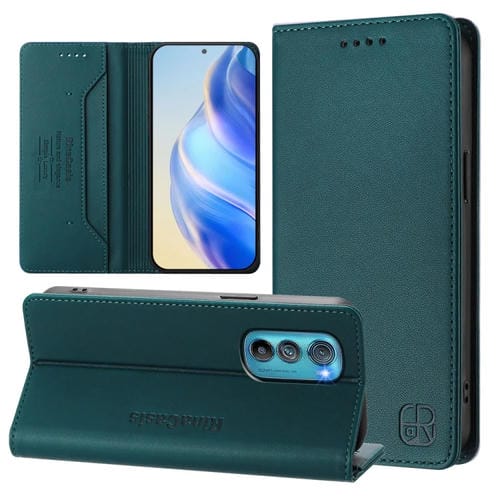 Funda de Cuero con Doble Pliegue y Succión Magnética Rfid para Motorola Edge 30 Rc01 (Verde Oscuro)