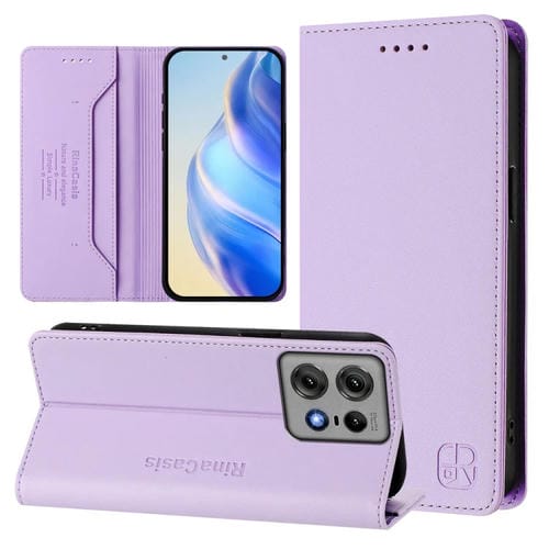 Funda de Cuero con Doble Pliegue y Succión Magnética RFID para Motorola Edge 50 Pro Rc01 (Morado Claro)