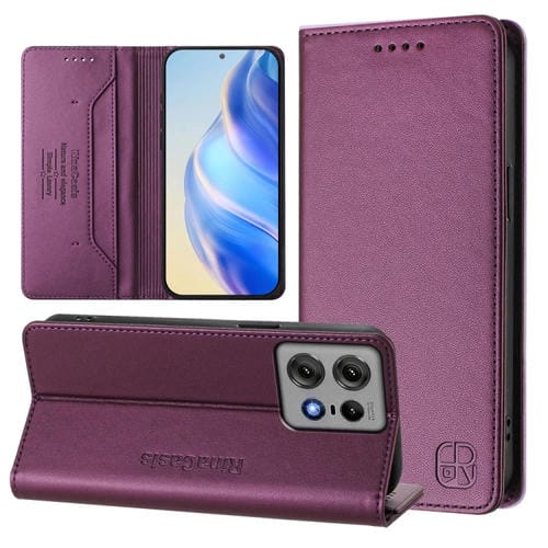 Funda de Cuero con Doble Pliegue y Succión Magnética RFID para Motorola Edge 50 Pro Rc01 (Violeta)