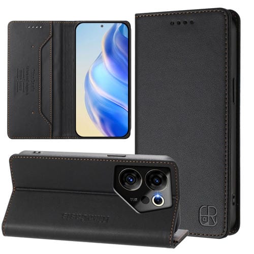 Funda de Cuero con Doble Pliegue y Cierre Magnético RFID para Tecno Camon 20 Premier 5G Rc01 (Negra)