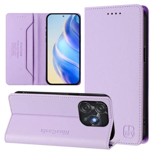 Funda de Cuero Rfid con Doble Pliegue y Succión Magnética para Tecno Spark 10C / 10 4G Rc01 (Morado Claro)