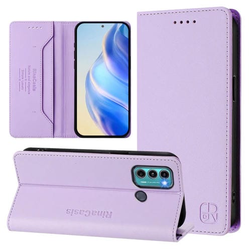 Funda de Cuero Motorola Moto G60/G40 Fusion Rc01 con Doble Pliegue y Succión Magnética (Morado Claro)