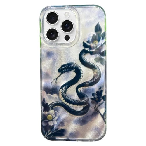 Funda de Teléfono TPU Doble Capa iPhone 15 Pro Patrón Imd Serpiente Floral (Negra)
