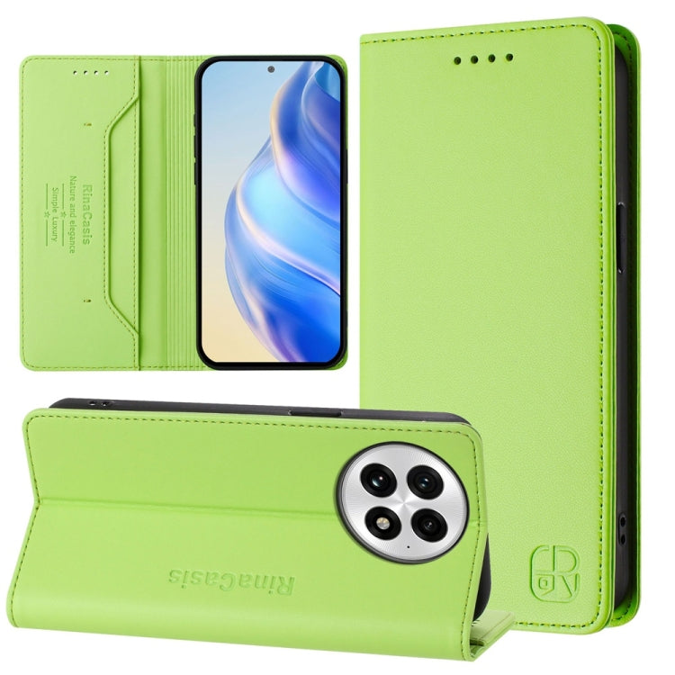 Funda de Cuero con Doble Pliegue y Succión Magnética RFID para OnePlus 13 Rc01 (Verde Hierba)
