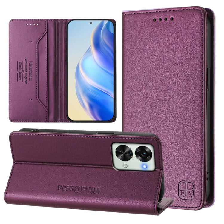 Funda de Cuero con Doble Pliegue y Succión Magnética Rfid para OnePlus Nord 2T Rc01 (Violeta)