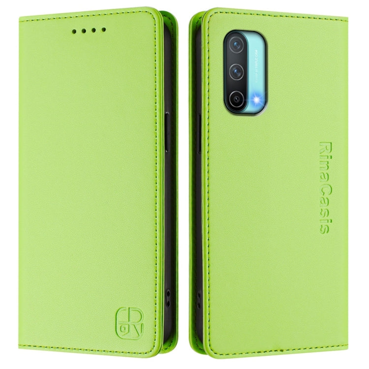 Funda de Cuero con Doble Pliegue y Succión Magnética RFID para OnePlus Nord CE 5G RC01 (Verde Hierba)