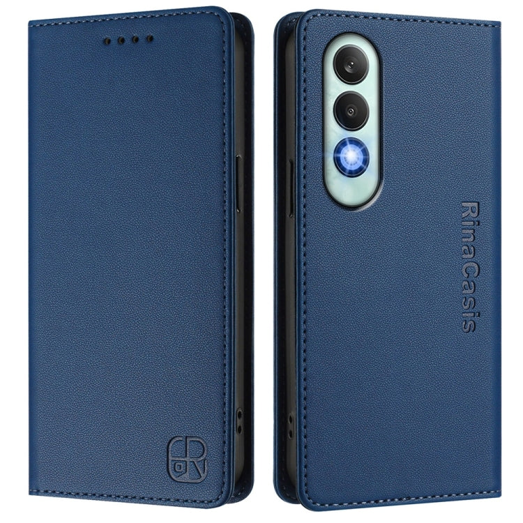 Funda de Cuero con Doble Pliegue y Succión Magnética RFID para OnePlus Nord CE4 RC01 (Azul Oscuro)
