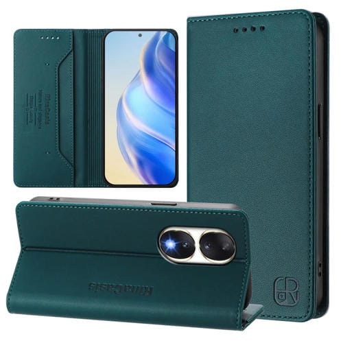 Funda de Cuero con Doble Pliegue y Succión Magnética Rfid para Honor 90 Rc01 (Verde Oscuro)
