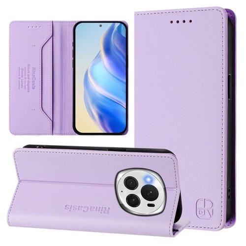 Funda de Cuero Rfid para Honor Magic6 Pro Global Rc01 con Doble Pliegue y Succión Magnética (Morado Claro)