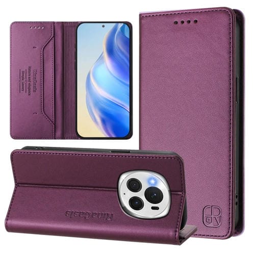 Funda de Cuero Rfid con Doble Pliegue y Succión Magnética para Honor Magic6 Pro Global Rc01 (Violeta)