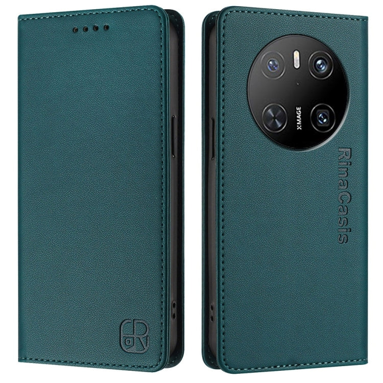 Funda de Cuero con Doble Pliegue y Succión Magnética Rfid para Huawei Mate 70 Rc01 (Verde Oscuro)