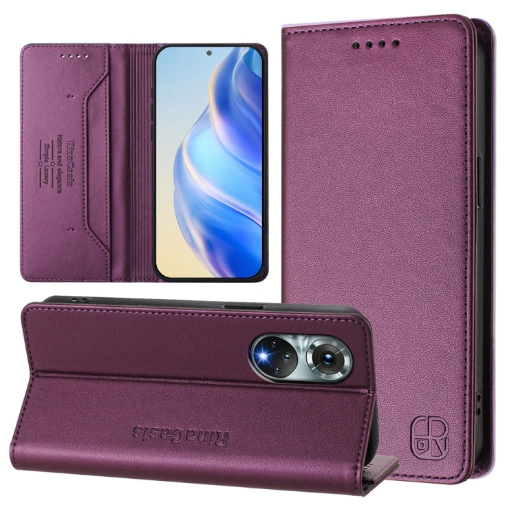 Funda de Cuero con Doble Pliegue y Succión Magnética RFID para Huawei Nova 9 Rc01 (Violeta)