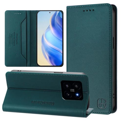 Funda De Cuero Con Doble Pliegue Y Succión Magnética Rfid Para Xiaomi 14 5G Rc01 (Verde Oscuro)