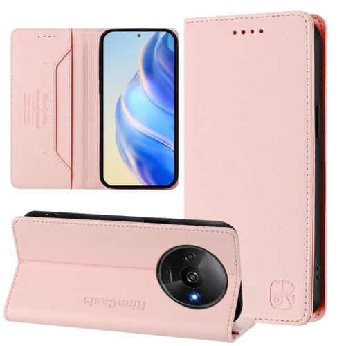 Funda de Cuero con Doble Pliegue y Succión Magnética para Teléfono Redmi A3 / Xiaomi Poco C61 4G Global Rc01 (Rosa)