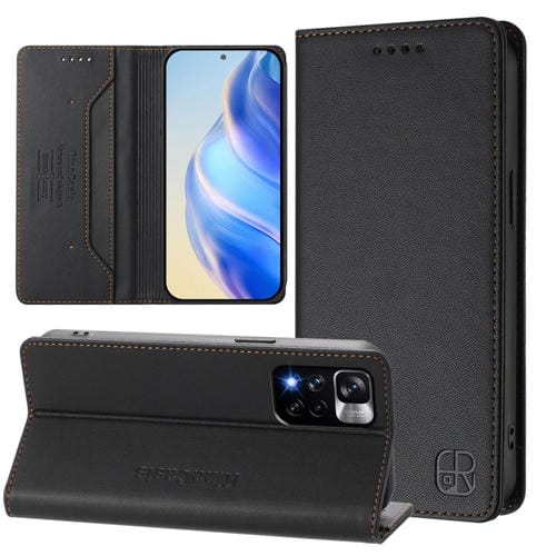 Funda de Cuero con Doble Pliegue y Succión Magnética Rfid para Redmi Note 11 Pro+ 5G, Modelo Europeo Rc01 (Negro)