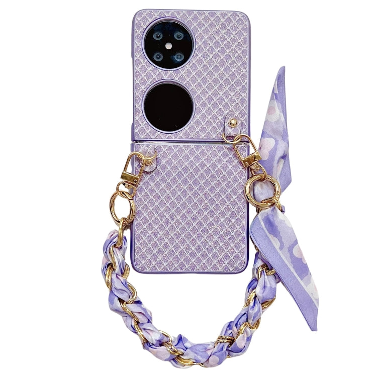 Funda para Teléfono Huawei P50 Pocket con Diseño de Rombos y Diamantes y Pulsera de Seda (Morado)