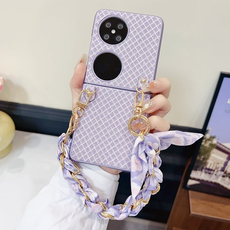 Funda para Teléfono Huawei P50 Pocket con Diseño de Rombos y Diamantes y Pulsera de Seda (Morado)