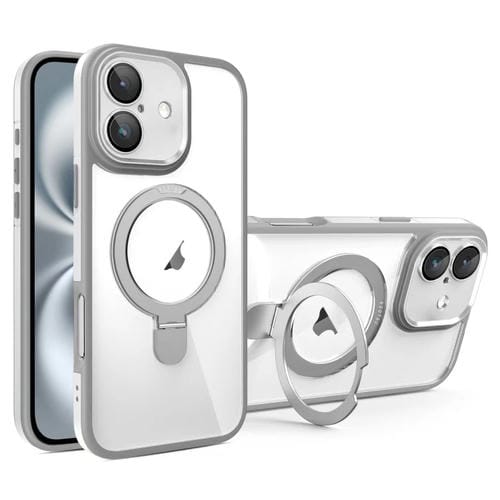 Funda para Teléfono Transparente con Soporte Magsafe y Película de Cobertura Total para iPhone 16 (Gris y Blanco)