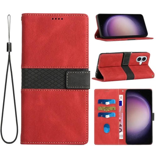 Funda de Cuero para iPhone 16 con Costuras en Cuadrícula y Cordón (Rojo)