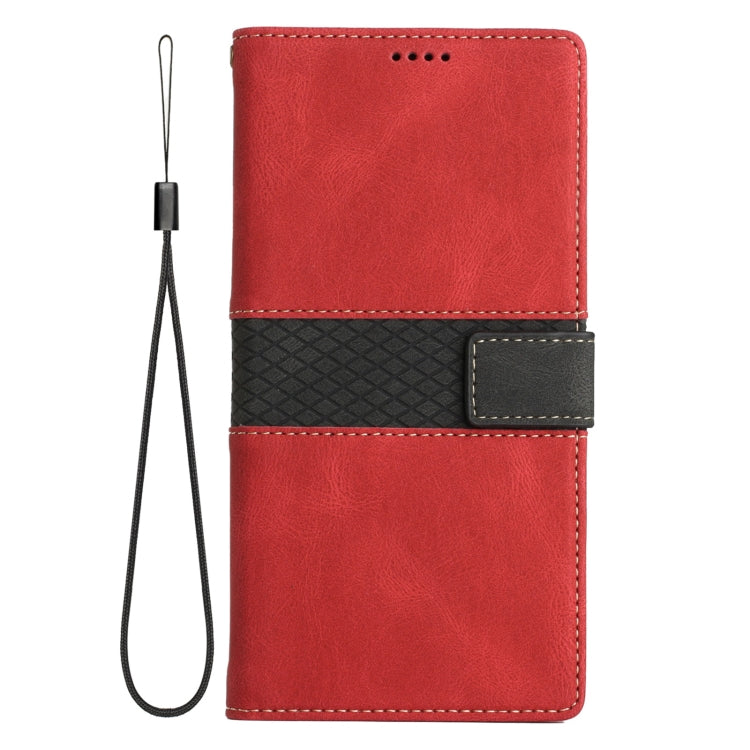 Funda de Cuero para iPhone 15 Pro con Costuras en Cuadrícula y Cordón (Rojo)