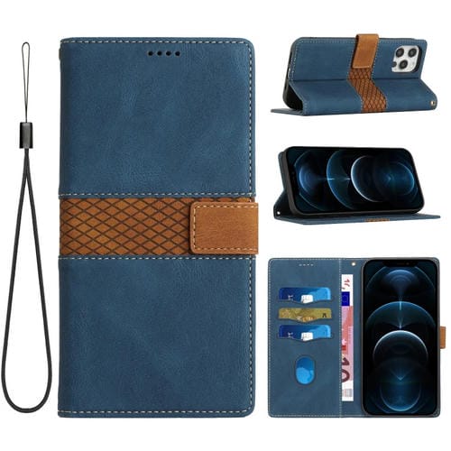 Funda de Cuero para iPhone 14 Plus con Costuras de Cuadrícula y Cordón (Azul)