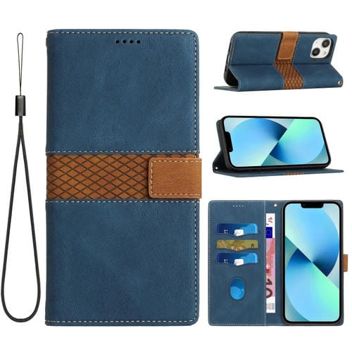 Funda de Cuero para iPhone 14 con Costuras de Cuadrícula y Cordón (Azul)