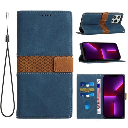 Funda cuero iPhone 14 Pro con costuras en cuadrĂcula y cordĂłn (Azul)