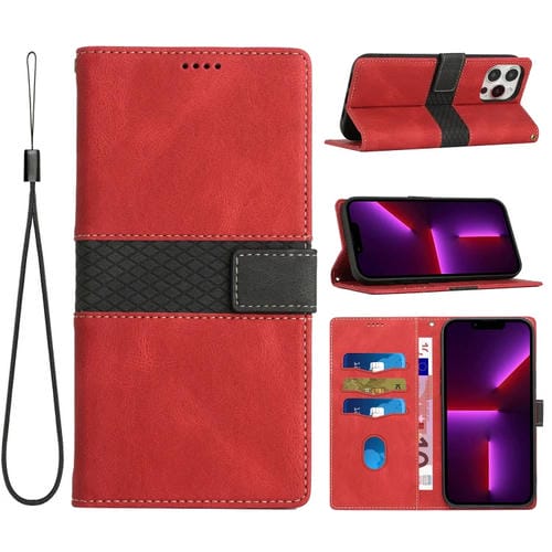 Funda Cuero con Costuras de Cuadrícula para iPhone 14 Pro Max con Cordón (Rojo)