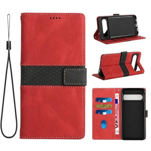 Funda de Cuero Google Pixel 8 Pro con Costuras en Cuadrícula y Cordón (Rojo)
