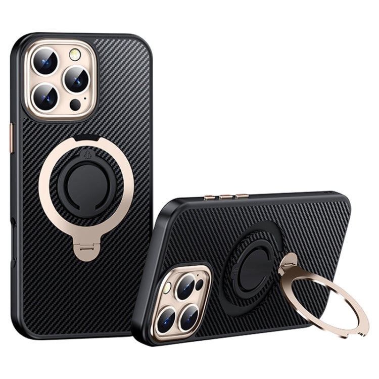 Funda de Teléfono Magsafe Fibra de Carbono para iPhone 16 Pro Max con Soporte Giratorio 360 (Oro Negro)