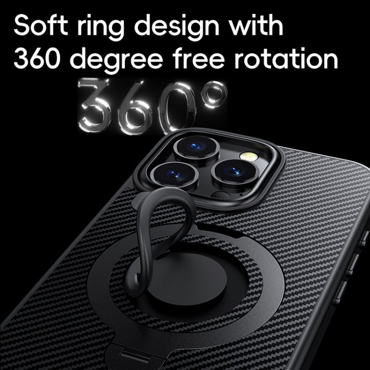Funda de Teléfono Magsafe Fibra de Carbono para iPhone 16 Pro Max con Soporte Giratorio 360 (Negro)
