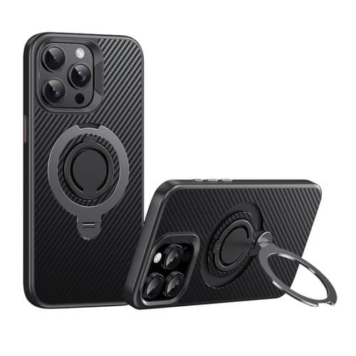 Funda de Teléfono Magsafe Fibra de Carbono iPhone 15 Pro Soporte Giratorio 360 (Negro y Gris)