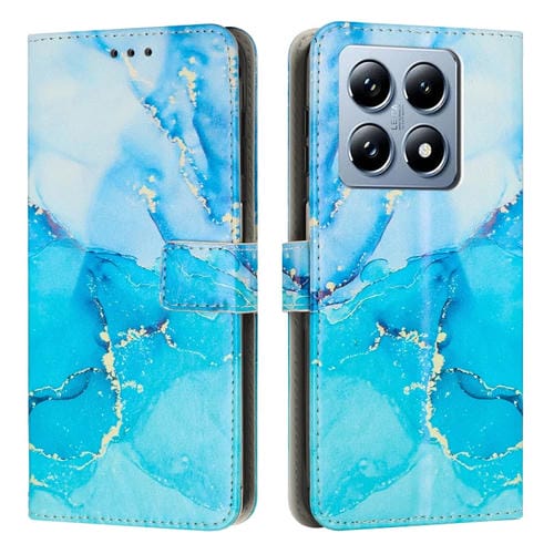 Funda De Cuero Para Teléfono Con Patrón De Mármol Pintado Global Para Xiaomi 14T (Azul Verde)