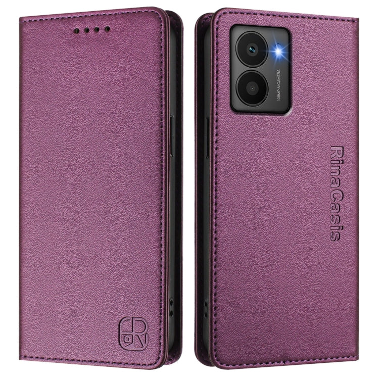 Funda de Cuero RFID para Teléfono HMD Fuison RC01 con Doble Pliegue y Succión Magnética (Violeta)