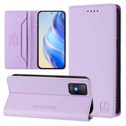Funda de Cuero Rfid para Teléfono TCL 403 Rc01 con Succión Magnética y Doble Pliegue (Morado Claro)